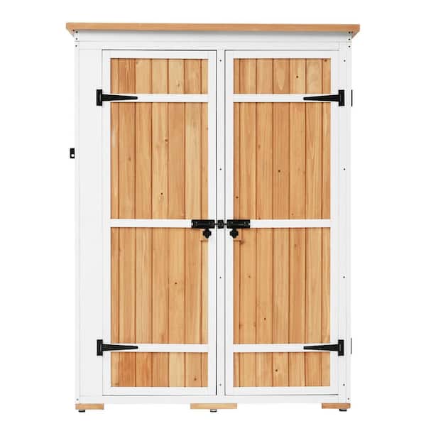 Zeus & Ruta 48.6 in. W x 19.6 in. D x 58.3 in. H Natural Wooden Outdoor Storage Cabinet with Waterproof Asphalt Roof and Four Doors