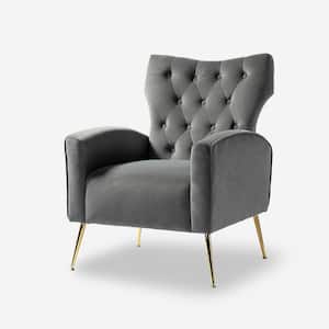 Brion Modern Grey Velvet Button Tufted Comfy Wingback Armchair with Metal Legs