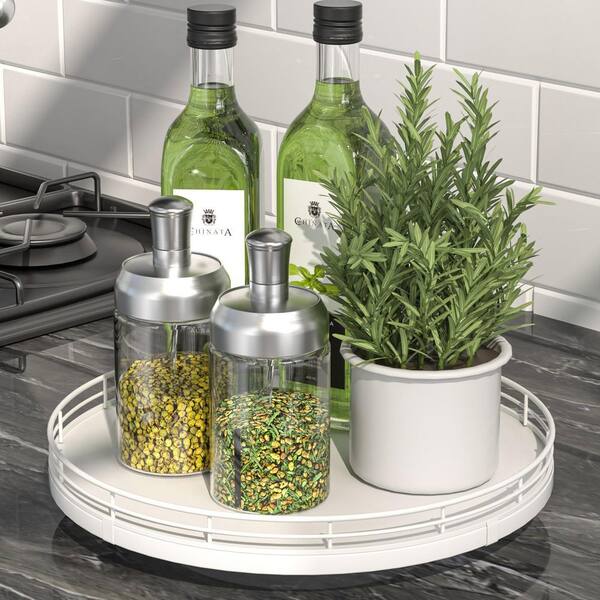 Countertop Lazy Susan Organizer, 360° Rotating Turntable Tray, Iron and Oak Wood Construction for Kitchen, in White