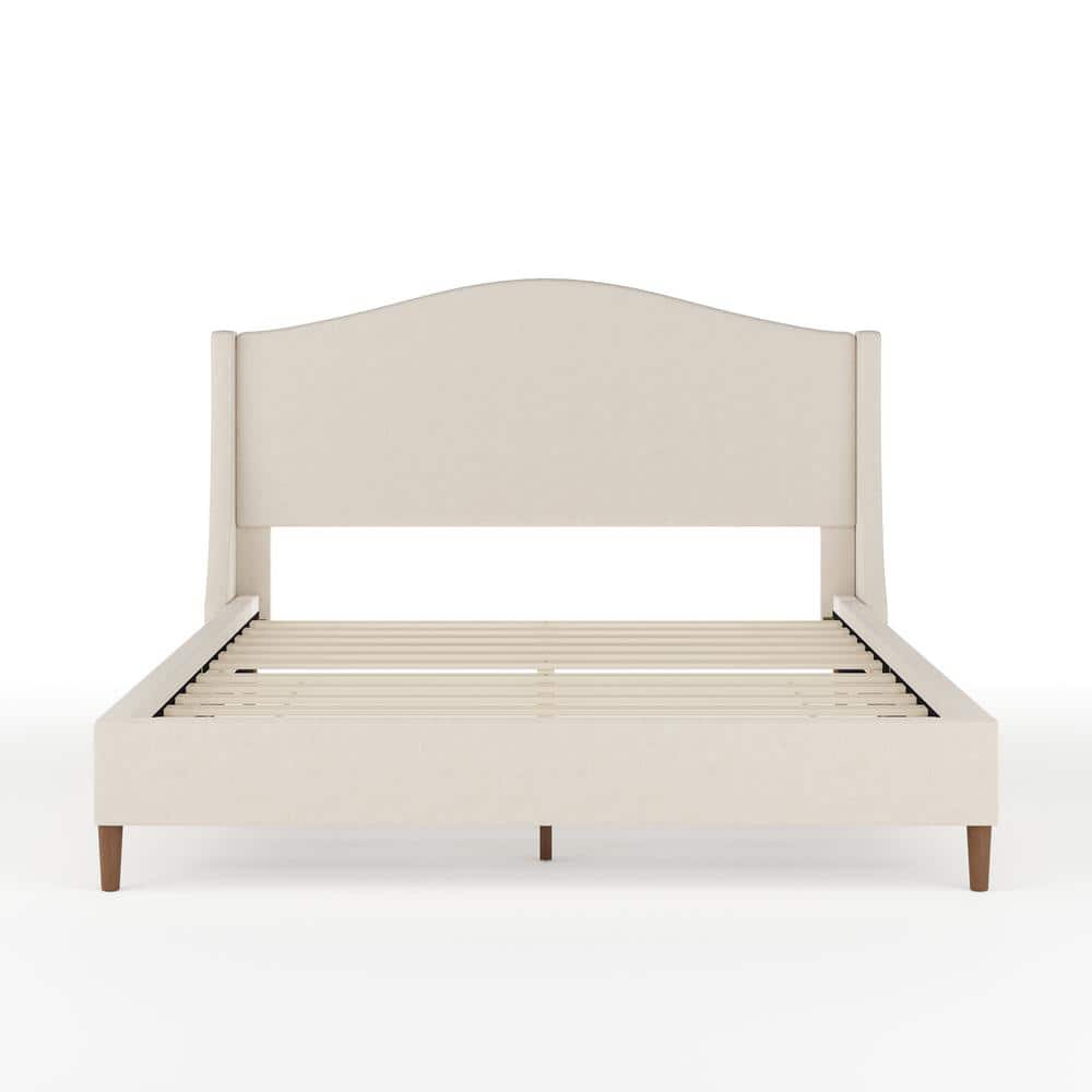Amelia Queen Beige Linen Upholstered Platform Bed with Walnut Legs