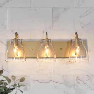 Modern 22 in. 3-Light Gold Bathroom Vanity Light with Bell Clear Glass Shades Powder Room Wall Light for Mirror