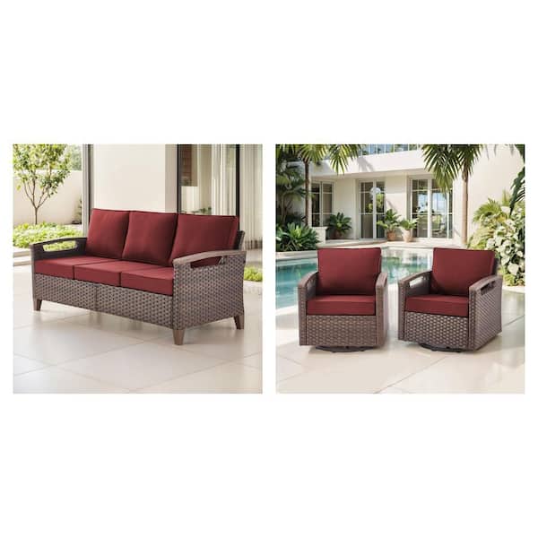 Brown Wicker Outdoor Patio Sofa with Red Cushion and Glider Swivel Chair with Red Cushions (2-Pack)