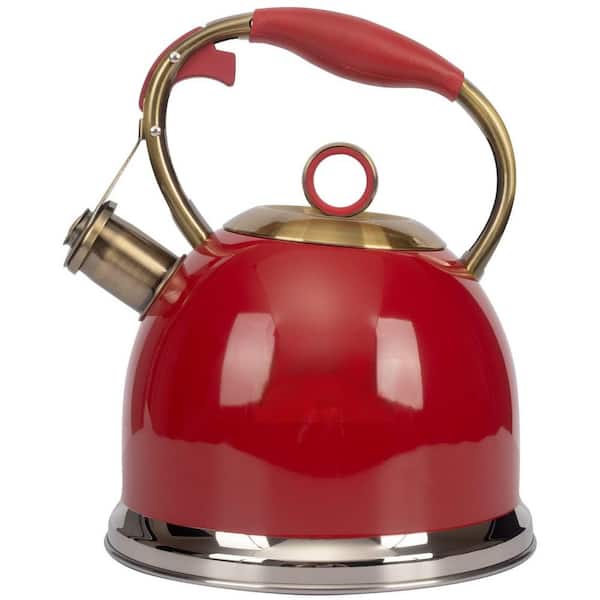 10-Cup Food Grade Stainless Steel Whistling Induction Stovetop Tea Kettle in Red with 1-Hand Trigger Mechanism