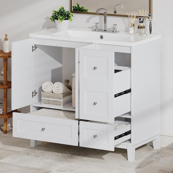 Tenleaf 36 in. W Single Sink Freestanding Bath Vanity in White with White Resin Top and USB Charging, 3 Drawers