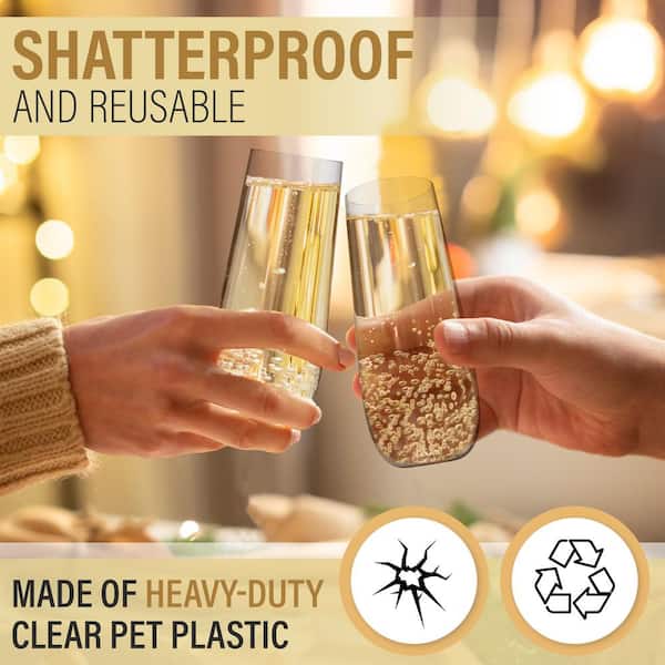 Perfect Settings 9 oz. Clear Reusable Plastic Champagne Flutes Glasses Stemless (24/Pack)
