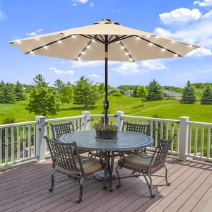 Solar Lighted LED 9 ft. Aluminum Patio Market Circle Outdoor Umbrellas with Push Button Tilt and Crank Lift in Sand