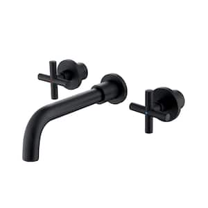 Double Handle Wall Mounted Bathroom Faucet with Rotating Spout 3-Hole Brass Bathroom Sink Taps in Matte Black