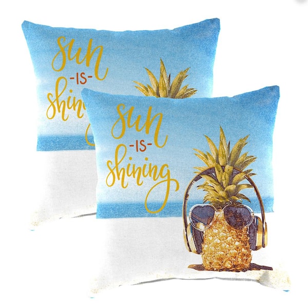 Jordan Manufacturing 16 in. L x 16 in. W x 4 in. T Square Outdoor Throw Pillow in Sun Shining Pineapple (2-Pack)