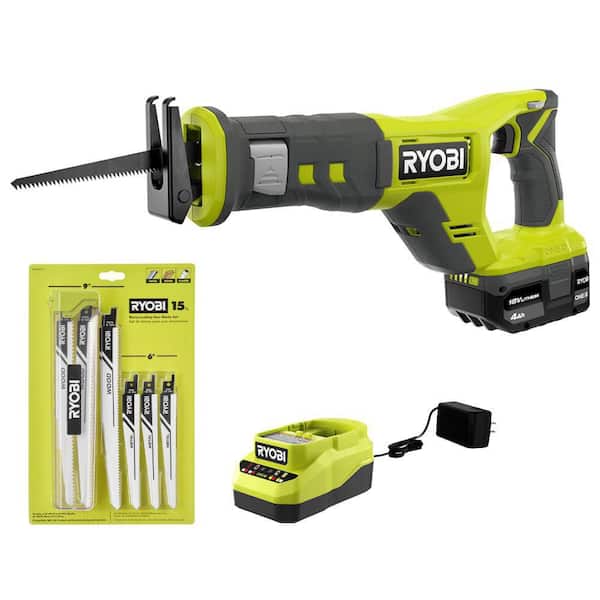 RYOBI ONE+ 18V Cordless Reciprocating Saw Kit with 4.0 Ah Battery, Charger, and Reciprocating Saw Blade Set (15-Piece)
