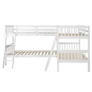 White L-Shaped 4 Kids Bunk Beds with Two Inclined Ladders, Wood Twin Over Twin Bunk Bed Frame with Support Slats