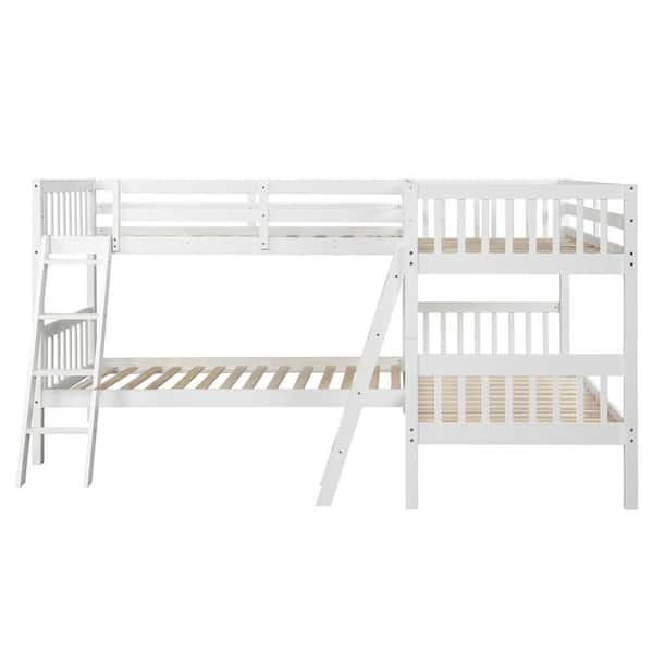 ANBAZAR White L-Shaped 4 Kids Bunk Beds with Two Inclined Ladders, Wood ...