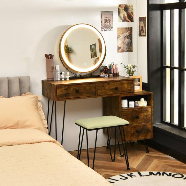 Costway Vanity Table Stool Set Dimmer LED Mirror Large Costway Vanity Table Stool Set Dimmer LED Mirror Large