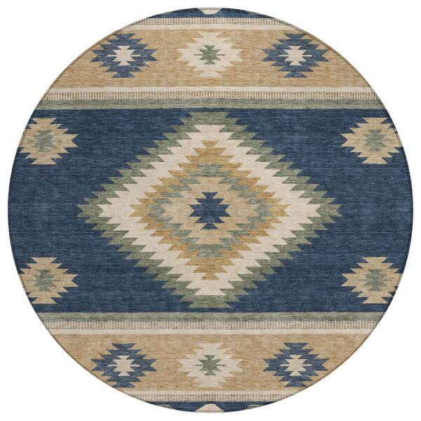Chantille Machine Washable Indoor/Outdoor Abstract ACN3127 Navy 8 ft. x 8 ft. Round Rug