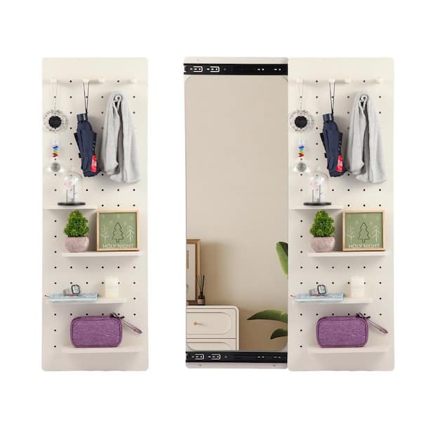 Unbranded White 16 in. W x 48 in. H Rectangle Wall Mounted Full Length Mirror with Shelf, Hook and Multifunctional Design Panel