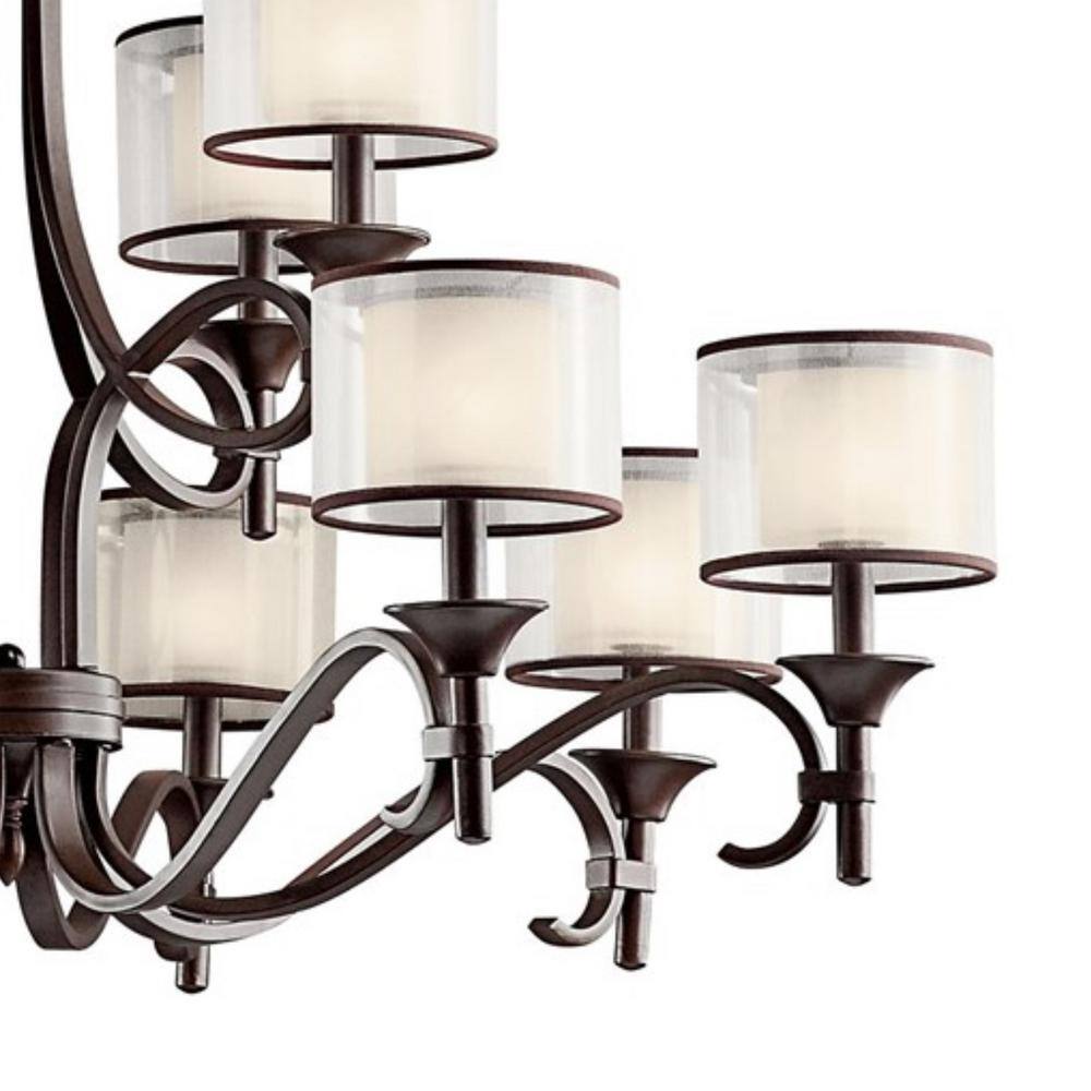 Mission Bronze 12-Light Drum Chandelier with Satin Etched Glass