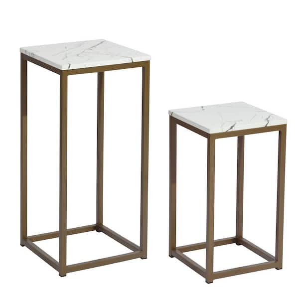 Homy Casa Adria 13.4 in. White Square Faux Marble Coffee Table Set with 2-Pieces