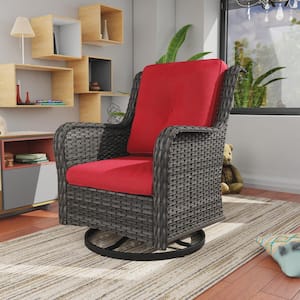 Wicker Outdoor Patio Swivel Rocking Chair with Red Cushions (1-Pack)