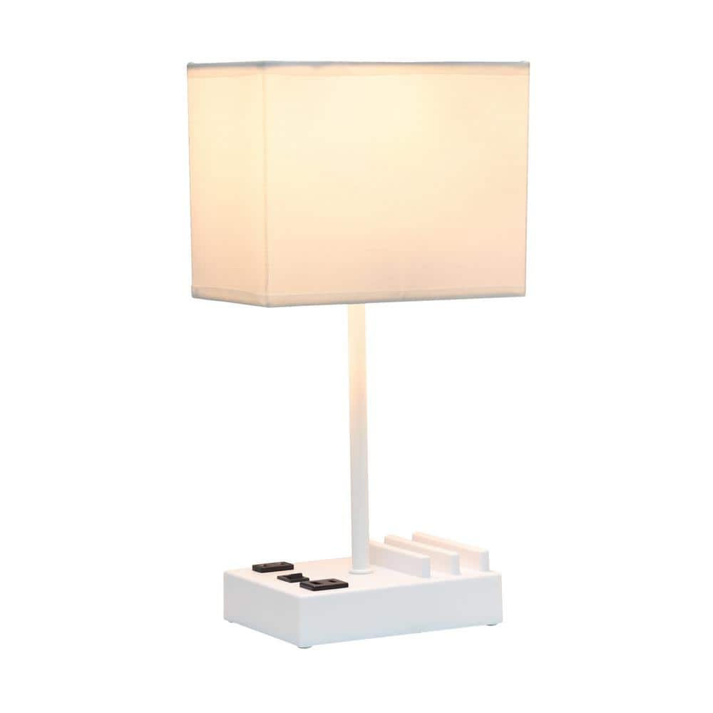 White Rectangular Nightstand Lamp with USB Ports and Charging Outlet