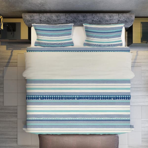Unbranded Kingham 3-Piece Multi-Colored Striped 100% Cotton Queen Duvet Cover Set with Pillow Sham