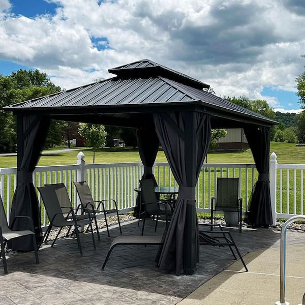 10 ft. x 14 ft. Gray Aluminum Hardtop Gazebo Canopy with Netting and Curtains