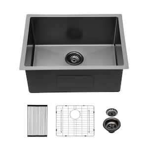 23 in. Undermount Single Bowl 16-Gauge Gunmetal Black Stainless Steel Kitchen Sink with Bottom Grid and Drying Rack