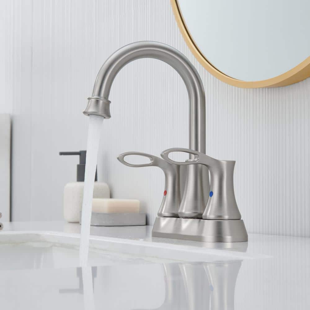 Brushed Nickel Dual Handle High Arc Bathroom Faucet with Metal Drain