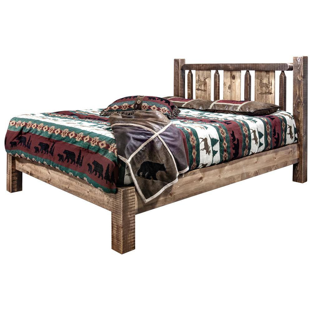 King Brown Pine Wood Upholstered Platform Bed with Headboard