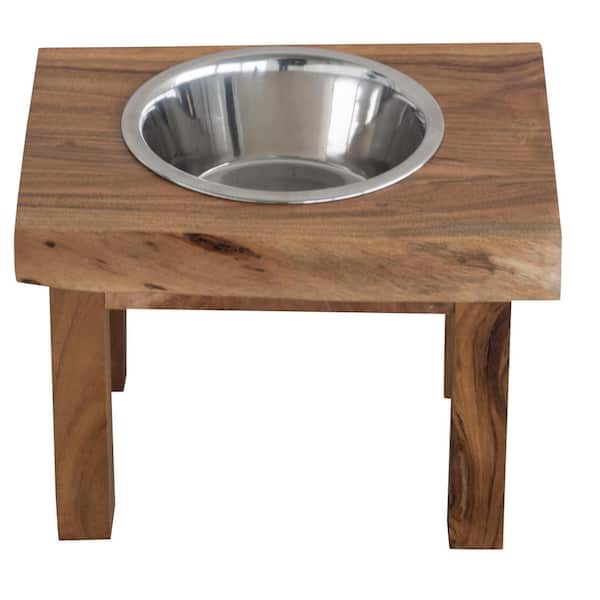Modern Short Metal Elevated Dog Bowl With Natural Wood Top - Black