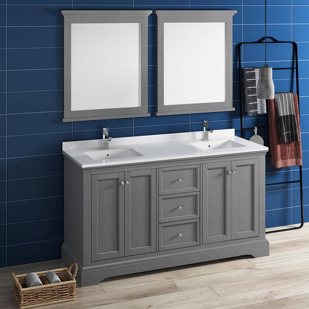 Gray Double Freestanding Wood Bathroom Vanity Cabinet