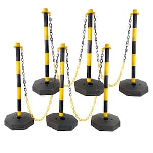 6-Pack Traffic Delineator Post Cones with Fillable Base, Adjustable Plastic Barrier w/5ft Plastic Chain, Yellow-Black