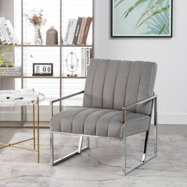 Beige Accent Velvet Upholstered Vertical Striped Tufted Back Straight Arm  Chairs with Silver Metal Frame LL-W81867875 - The Home Depot