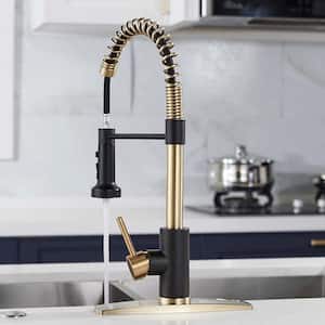 Single Spring Handle Kitchen Faucet with Pull Down Function Sprayer Kitchen Sink Faucet with Deck Plate in Black Gold