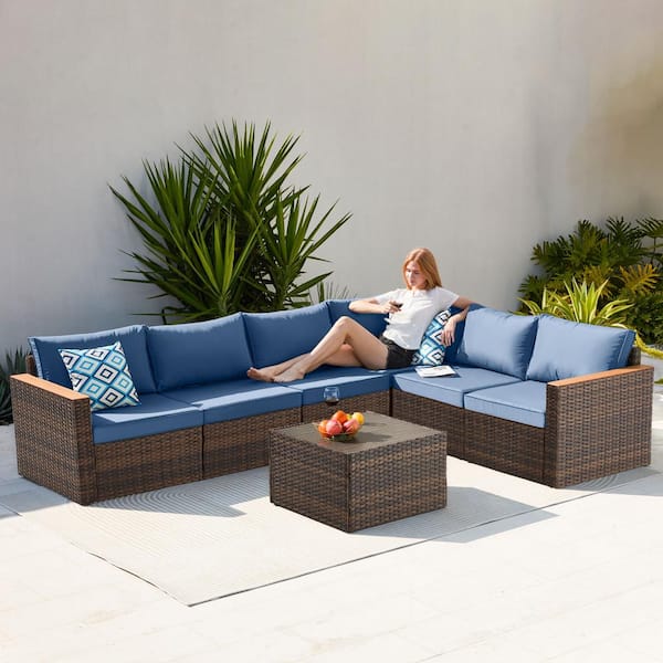 Zeus & Ruta 7-Piece Wicker Outdoor Sectional Set Conversation Sets with Blue Cushions for Backyard, Lawn