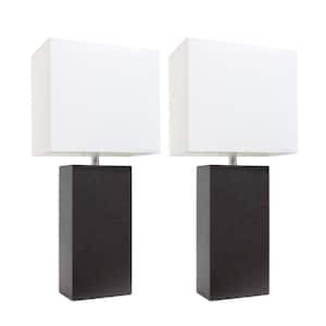 21 in. Modern Espresso Brown Leather Table Lamps with White Fabric Shades (2-Pack)