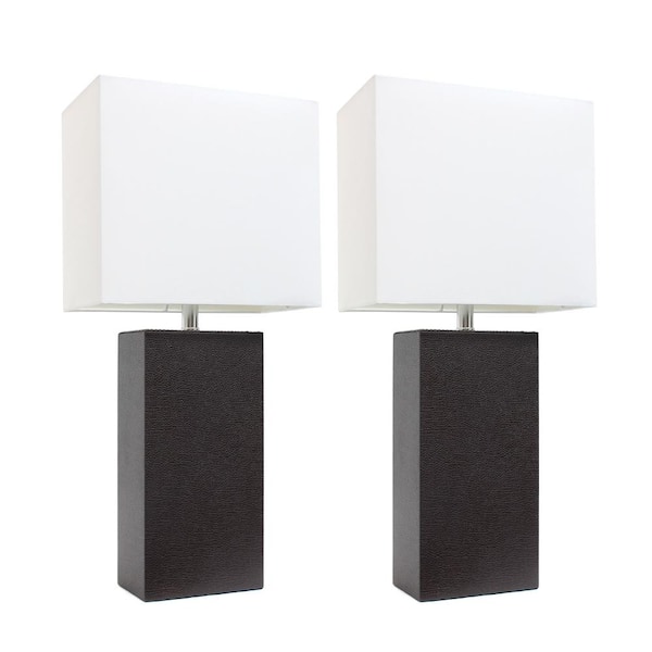 Elegant Designs 21 in. Modern Espresso Brown Leather Table Lamps with White Fabric Shades (2-Pack)