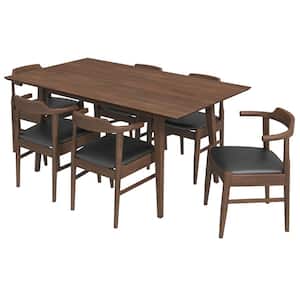 Alister 7-Piece Rectangular Walnut Solid Wood Top Dining Set with 6 Vegan Leather Kathy Dining Chairs in Black