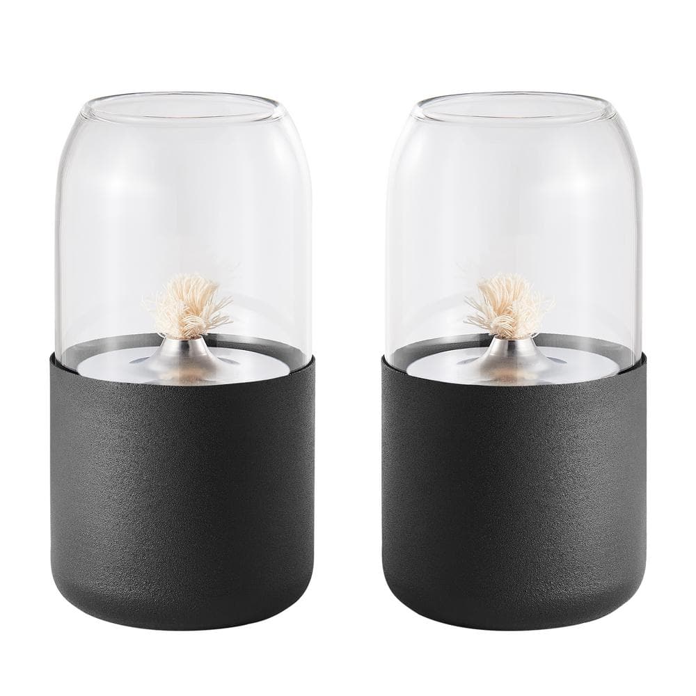 Black Glass and Metal Oil Lamp Set with Rope Wick