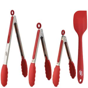 Non-Stick Silicone Tip Red Stainless-Steel Tongs and Spatula (Set of 4)