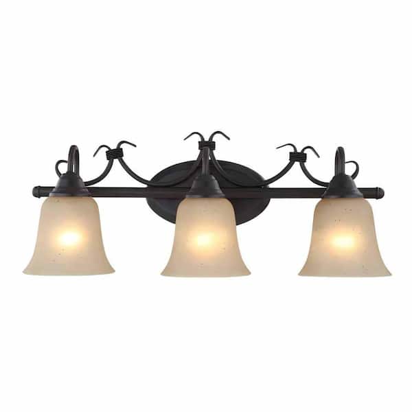24 in. 3-Light Bronze Vintage Vanity Light with White Opal Glass Bell Shape Shade