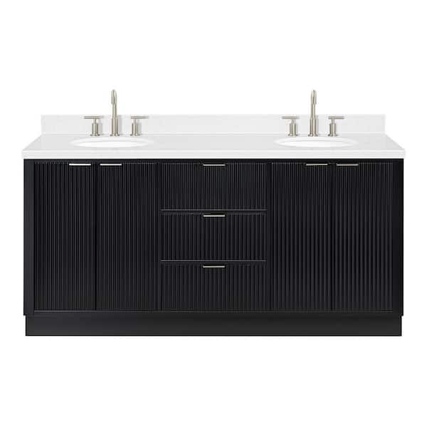 Milan 72 in. W x 21.5 in. D x 36 in. H Double Sink Freestanding Bath Vanity in Black with Carrara White Quartz Top
