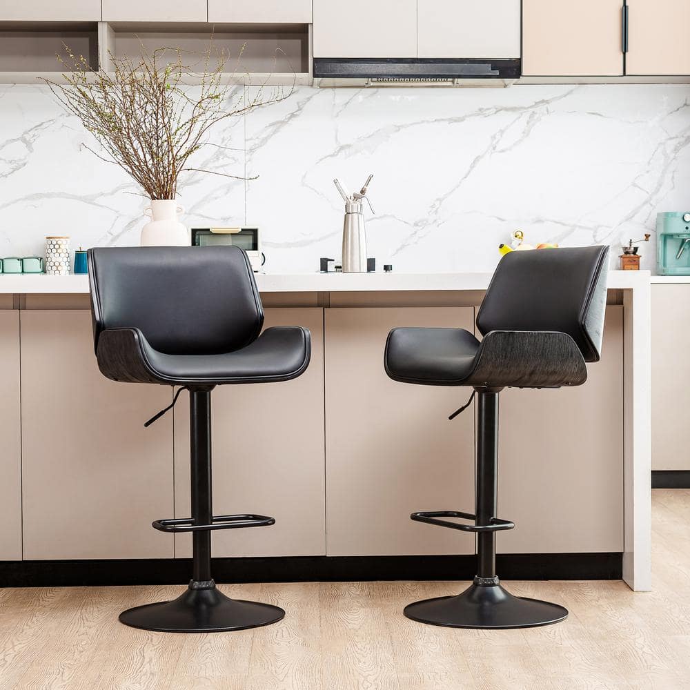 Black Adjustable Height Swivel Bar Stools with Leather and Metal