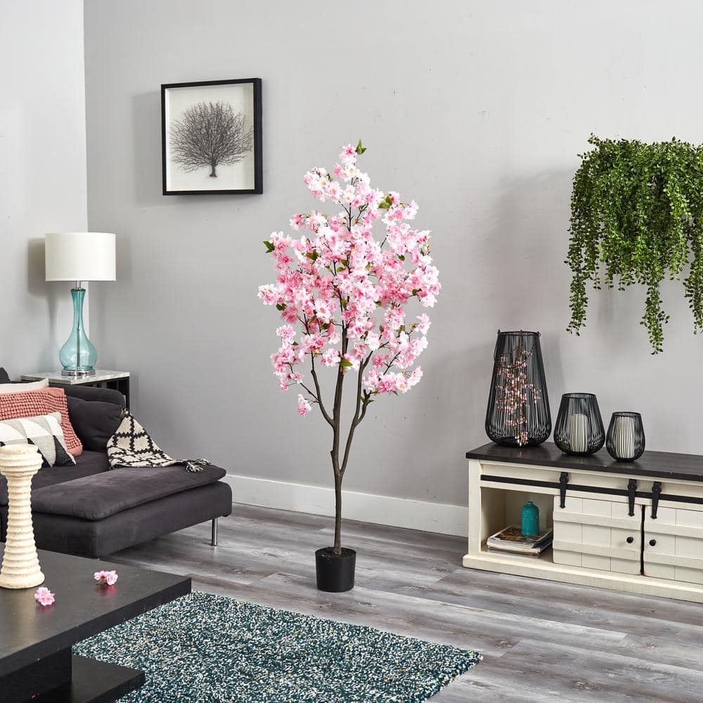 6ft Pink Cherry Blossom Artificial Tree in Black Plastic Pot