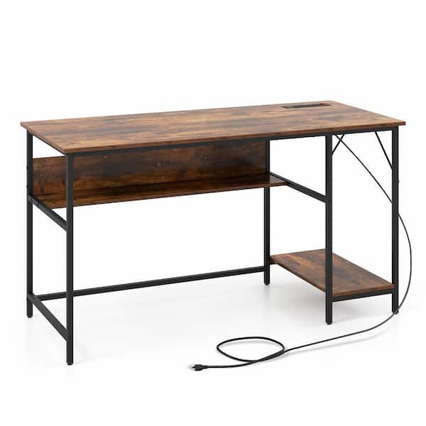 Gymax 55 in. Rustic Brown + Black Computer Desk w/Charging Station Home Office PC Desk w/4 Power Outlets