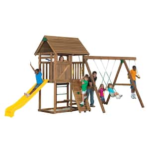 All Pro Starter Wooden Outdoor Playset American Made W/Slide, Rock Wall, Anti Tip Third Leg, Swings and Rings