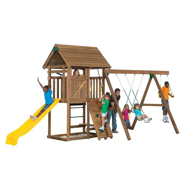 PlayStar All Pro Starter Wooden Outdoor Playset American Made W/Slide, Rock Wall, Anti Tip Third Leg, Swings and Rings
