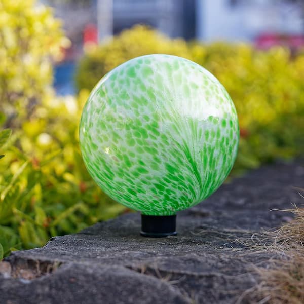 OGETFUUR 10 in. Decorative Garden Green Glass Gazing Ball, Solar