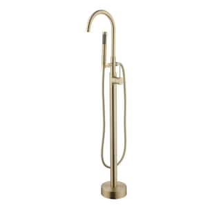Single-Handle Floor Mount Freestanding Tub Faucet Bathtub Filler with Hand Shower in Brushed Gold