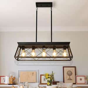 5-Light Farmhouse Rustic Metal Antique Bronze Chandelier Rectangular Light Fixture for Dining Living Room Kitchen Island