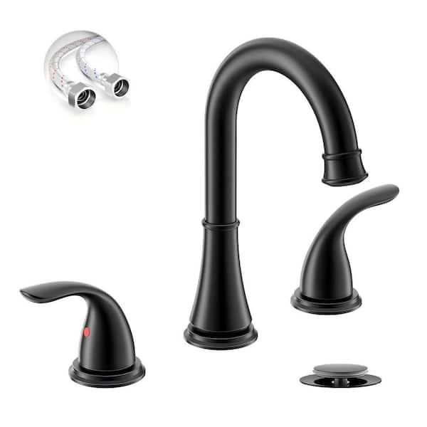 Matte Black Widespread 8 in. Bathroom Faucets, 2-Handle 3-Hole Bathroom Sink Faucet with Pop-Up Drain