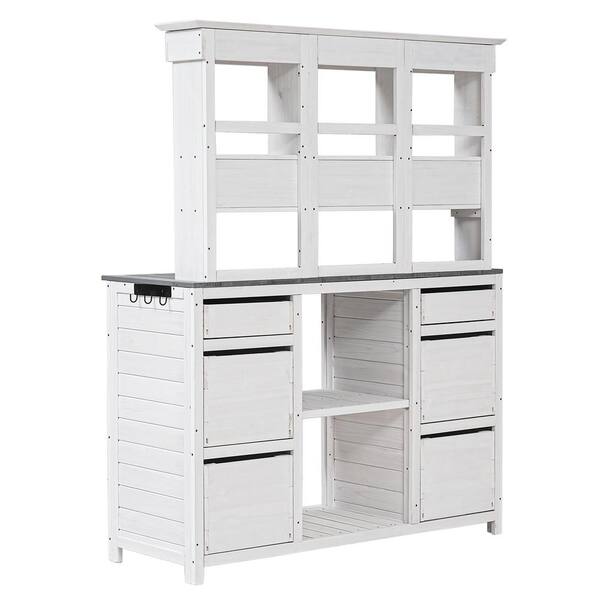 Zeus & Ruta 50.1 in. W x 65.7 in. H White Garden Potting Bench Table Fir Wood Workstation with Drawers and Shelves for Storage